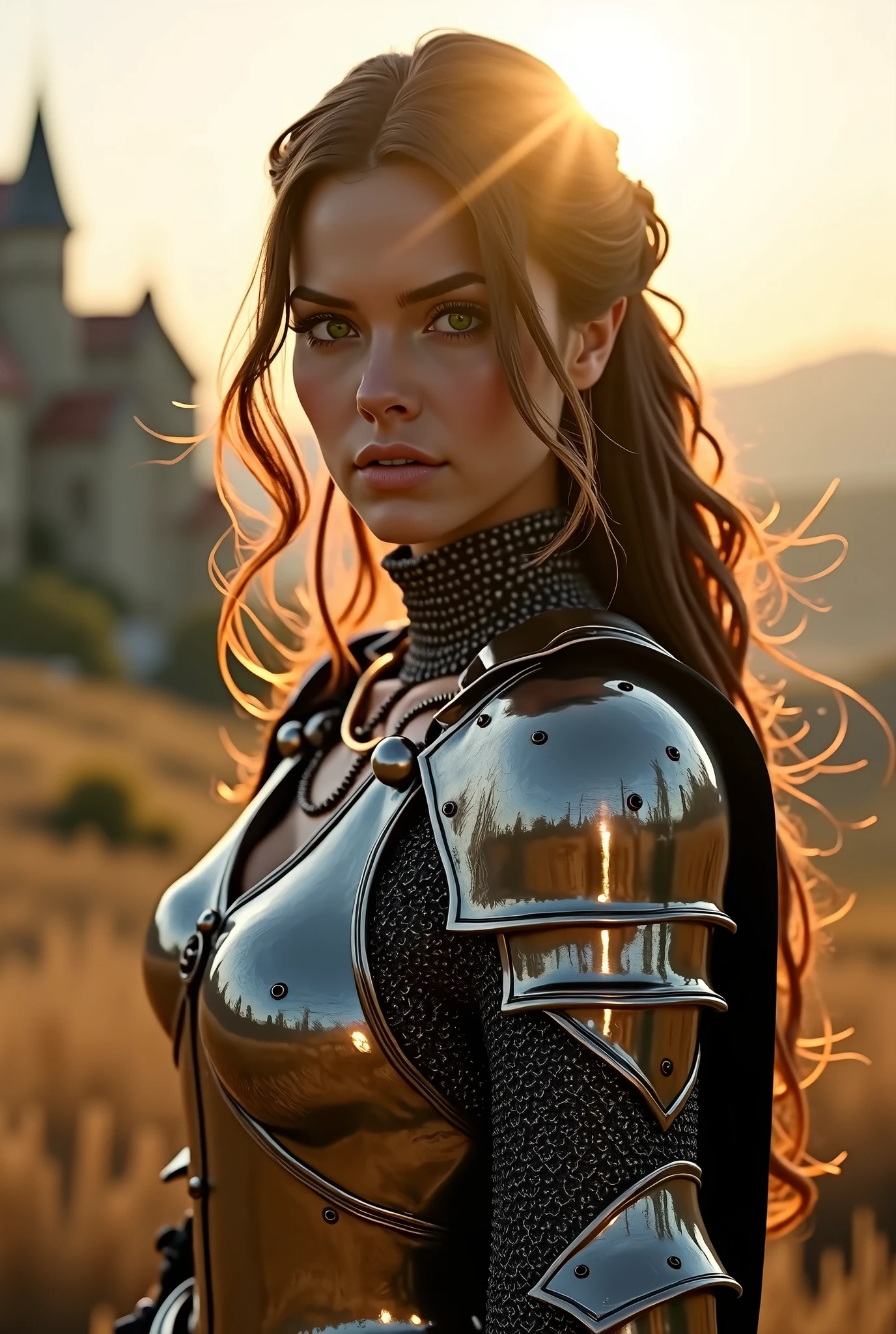 (masterpiece), (extremely intricate:1.3), (realistic), portrait of a girl, the most beautiful in the world, (medieval armor), metal reflections, full body, outdoors, intense sunlight, far away castle, professional photograph of a stunning woman detailed, sharp focus, dramatic, award winning, cinematic lighting, octane render  unreal engine,  volumetrics dtx, (film grain, blurry background, blurry foreground, bokeh, depth of field, sunset, motion blur:1.3), chainmail