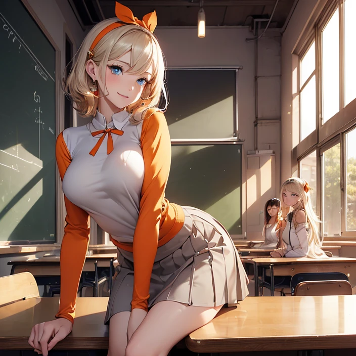 (Masterpiece), (HD), (High Resolution), (Best quality and very detailed), (Perfect Anatomy), (Fantasy Genre), (Anime style), (Highest resolution and Quality)
{{(1character:60 years Blonde lady milf citizens:(pale skin, blue eyes, straight medium dark blonde hair, beautiful features, absolute beauty and feminity, nice body, beautiful arms, beautiful legs, beautiful hips, big breasts, simple nose, simple lips),(brown sweater, long grey skirt, left arm right finger simple silver wedding ring, orange headband with ribbon, orange heeled shoes),(funny personality, clumsy demeanor, naive, smiling gentlely, cheerful pose with cool vibes),(painting classroom, red colored walls, a black colored desk in the back, round windows, night time, lights turned on at the classroom))}}
