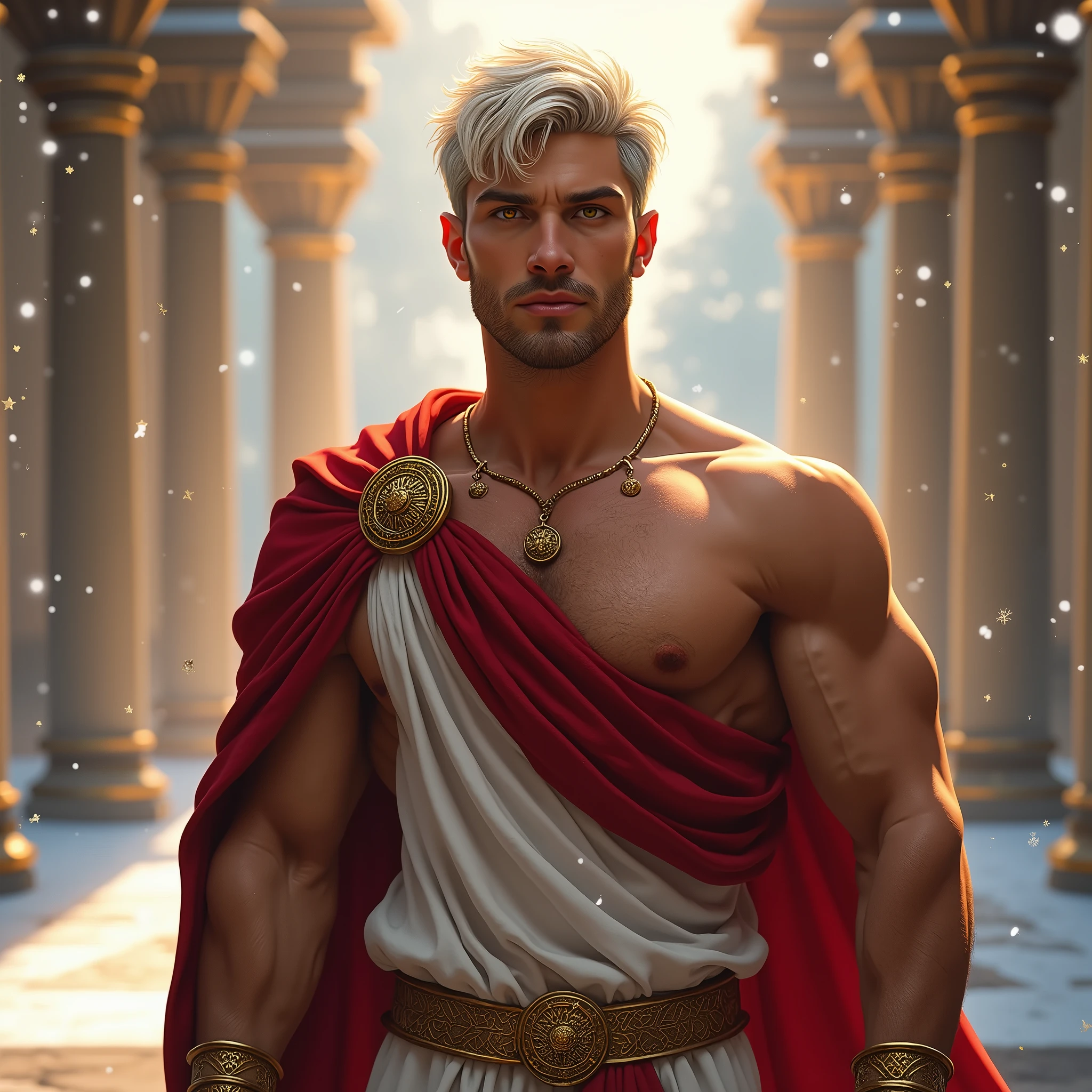 ((artwork)) ((body completo)) ((30 year old man)) body: brownish skin, high, muscular, ((body hair)) ((platinum ruby hair)) male face, barba, beautiful eyes, detailed eyes ((Gold colored eyes)). Expression: Seductive, sonrisa Seductive. CLOTHES: Red Greek Cape, TOGA BLANCA, Gold ornaments, greek prince ornaments. pose: dynamic. scene: greek temple, Greek columns. Decor: winter, decoración de winter brillante, Wonderful lighting.