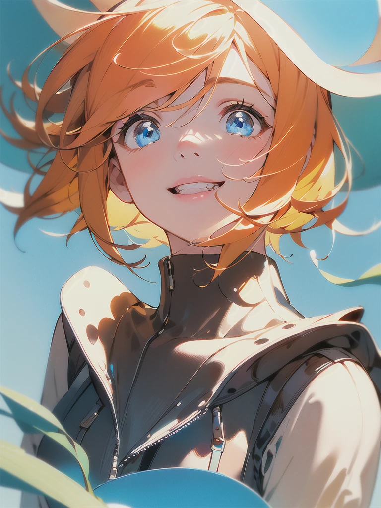 Chibi girl cute using sweater with orange/yellow hair and blue eyes detailed shading,fox girl,detailed hair shading and detailed blue eyes smiling cute adorable CHILD AND SHORT,CLOSE UP FACE BUST UP