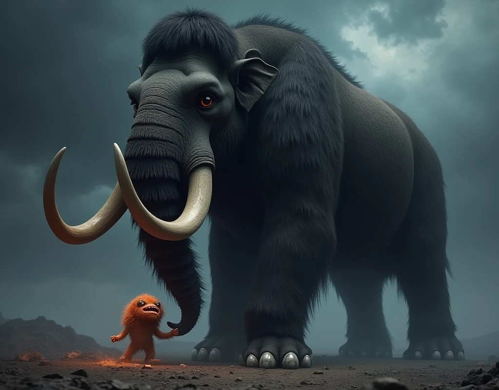 We want such an image in which a big black  mommouth has caught a baby  at his feet to hunt him. The color of the baby , High quality ai image.  