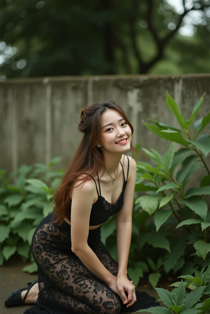 (Highest quality:1.4),(masterpiece:1.4),(Realistic:1.4),(Realistic:1.2),(超High resolution, RAW Photos:1.4),(High resolution, Very detailed:1.2),(8k:1.2),photograph,(Shot from behind:1.3)、Korean women、brown hair photos,One Woman,alone,(In underwear),Very large breasts,((Thigh to head shot:1.3))、(((topless、You can see her large breasts from the side.)))、((Toothy smile))、((Very large breasts:1.4))、Realistic skin textures、Slightly freckled、Slender figure、Realistic skin textures、((background,Concrete wall:1.3)),(topless,The breast is visible from the side:1.6),(Long lace slip,White)、3 woman、The angle at which the nipple is not visible、((Updo long hairstyle))、((Black,Long lace slip:1.4))、Correct toes、Detailed facial features、Kneeling pose on the floor、Hands on the floor、Long slip covers the buttocks and soles of the feet、Long slip covers your butt、Chin up、