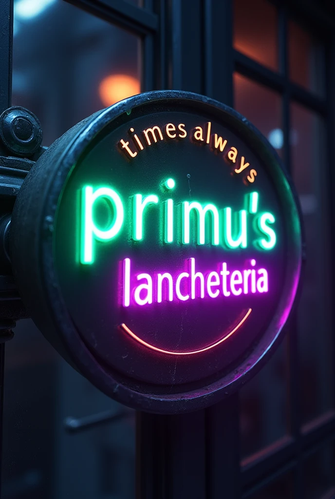 A logo type, with the name " PRIMU'S LANCHETERIA"
"TIMES ALWAYS" round metal hoop, sign color glowing green and purple.