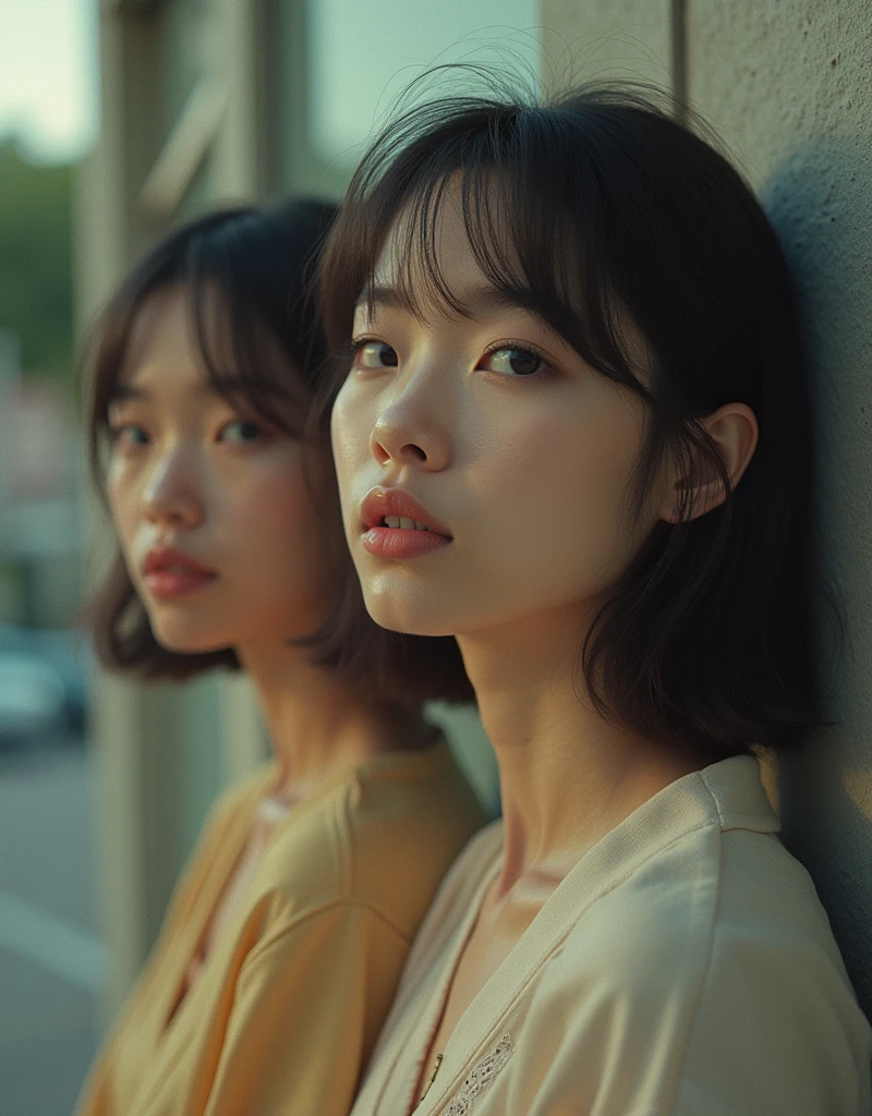 (Create a realistic and photorealistic photo image about girls)、Quarter Japanese and Quarter Korean、Shade、35mm retro analog film photo, blur, tint, depth