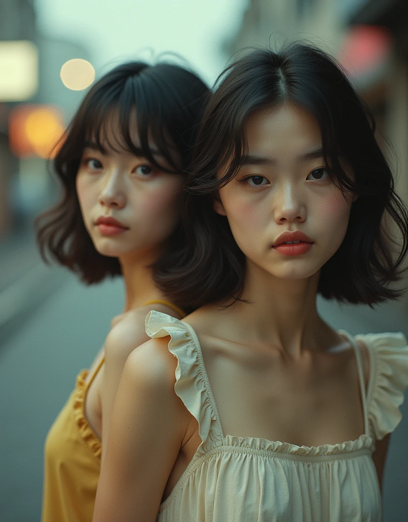 (Create a realistic and photorealistic photo image about girls)、Quarter Japanese and Quarter Korean、Shade、35mm retro analog film photo, blur, tint, depth