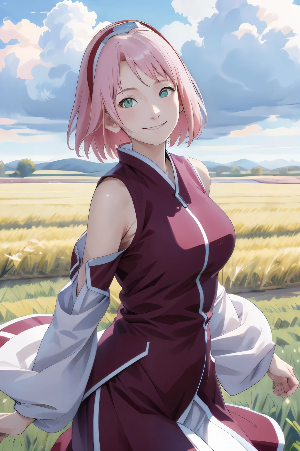 Sakura NS、8k、masterpiece、Best image quality、Very detailed、Perfect body、smile、Large Breasts、Skin glows、No sleeve、Real、scenery、Cloudy、Wheat field、Close-up、Photographed from the front、Wide-angle lens