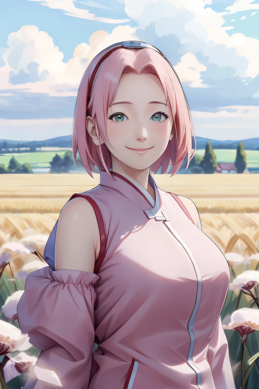 Sakura NS、8k、masterpiece、Best image quality、Very detailed、Perfect body、smile、Large Breasts、Skin glows、No sleeve、Real、scenery、Cloudy、Wheat field、Close-up、Photographed from the front、Wide-angle lens