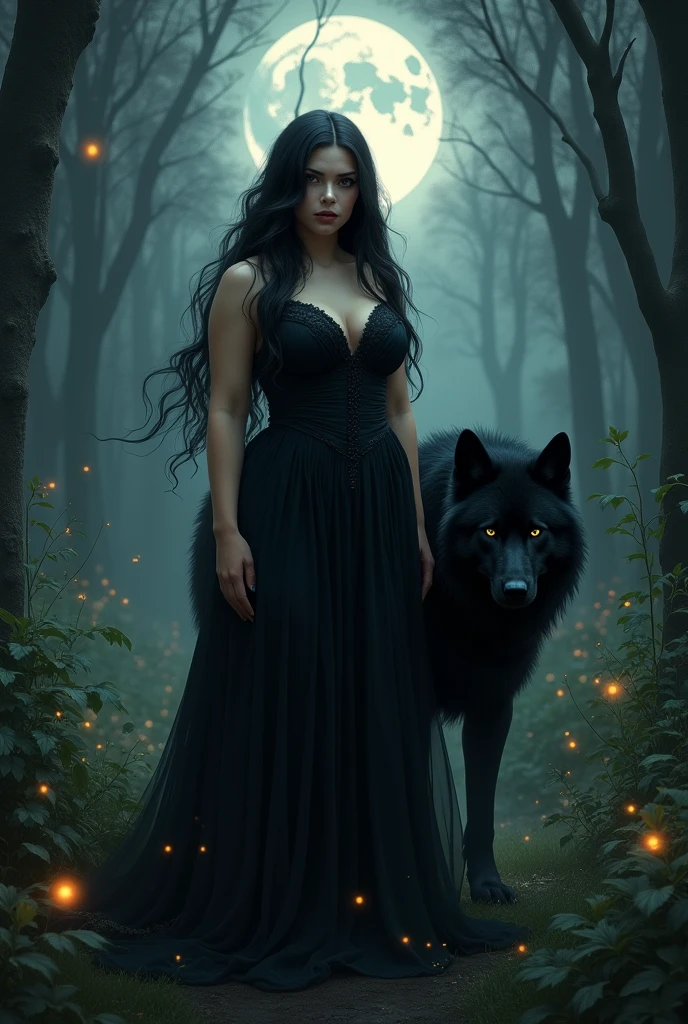 woman, long straight black hair, plump, big bust, wide hips, long black dress, walking through the forest, at night, a black wolf at her side, with fireflies around, full moon in the background, looking at the camera, photorealistic