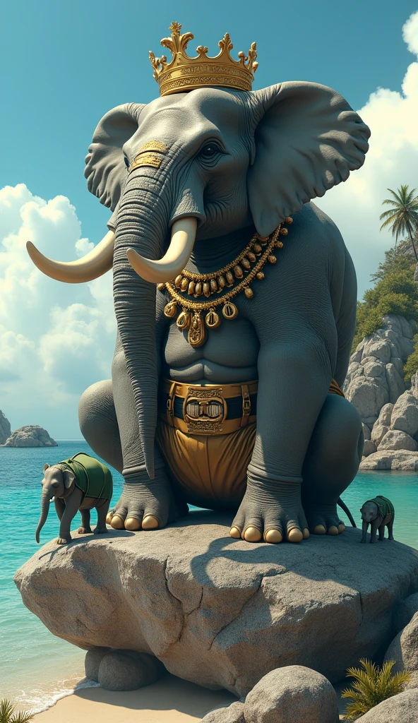 The king of elephants, the big muscular elephant, the fierce big mouth, with a detailed head and the appearance of a gray man, sitting confidently on a large rock at the mouth of the sea.  Large, ferocious, with smaller elephants in green cloth.   He wears gold shorts, a gold belt with a gold Gucci logo and stylish black sneakers.   A gold necklace was worn around his neck, and he had several rings on his wrist.  The backdrop features luxurious oceans and islands under a clear blue sky that provides a refreshing and serene feeling.