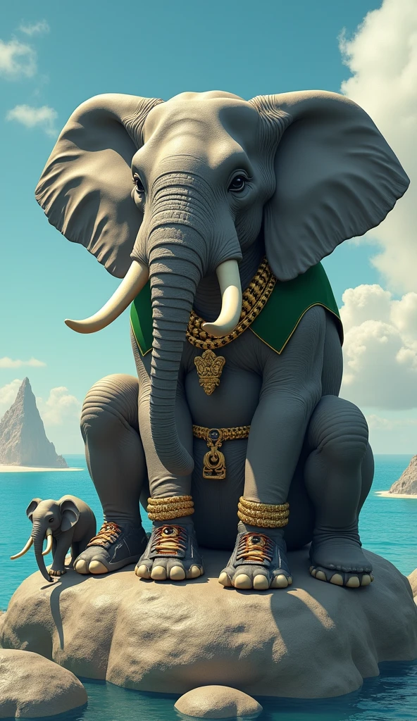 The king of elephants, the big muscular elephant, the fierce big mouth, with a detailed head and the appearance of a gray man, sitting confidently on a large rock at the mouth of the sea. Large, ferocious, with smaller elephants in green cloth. He wears gold shorts, a gold belt with a gold Gucci logo and stylish black sneakers. A gold necklace was worn around his neck, and he had several rings on his wrist. The backdrop features luxurious oceans and islands under a clear blue sky that provides a refreshing and serene feeling.