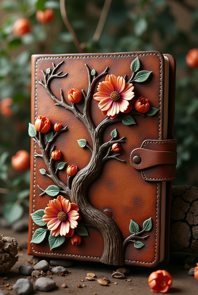 Vintage brown diary with 3D small flowers and tree sides 