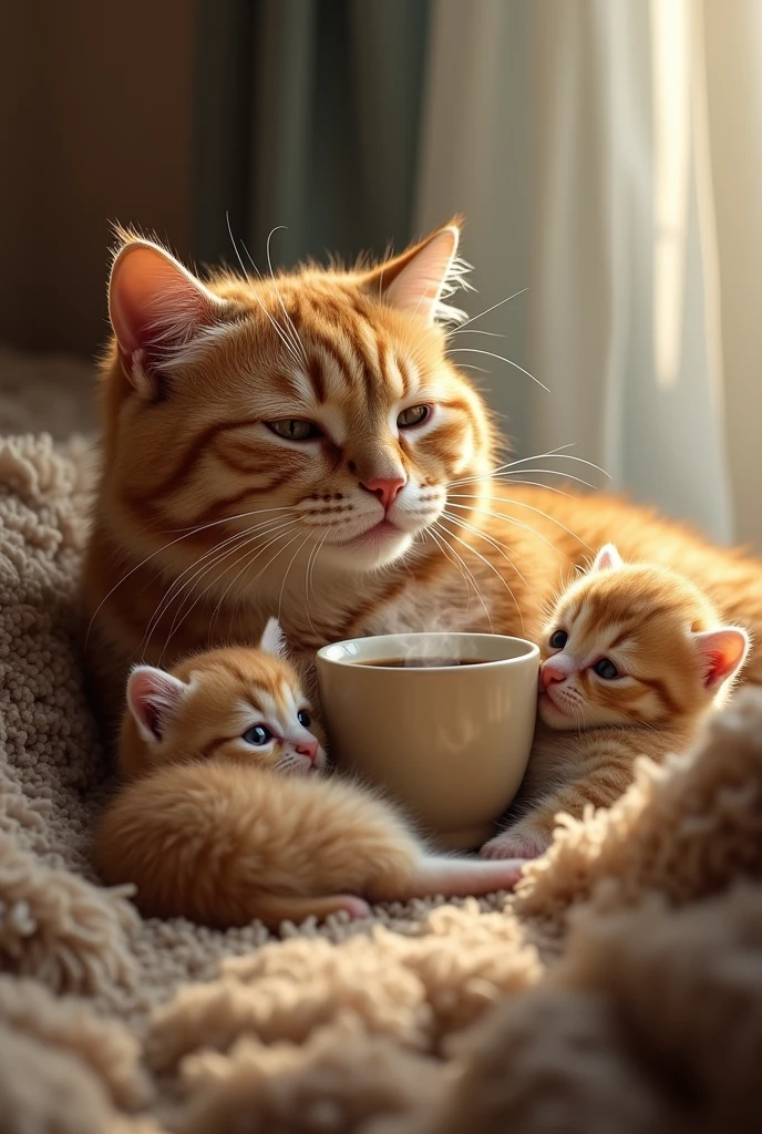 Photo shot kucing sedang minum kopi dan sambil jaga anak anaknya yg imut"