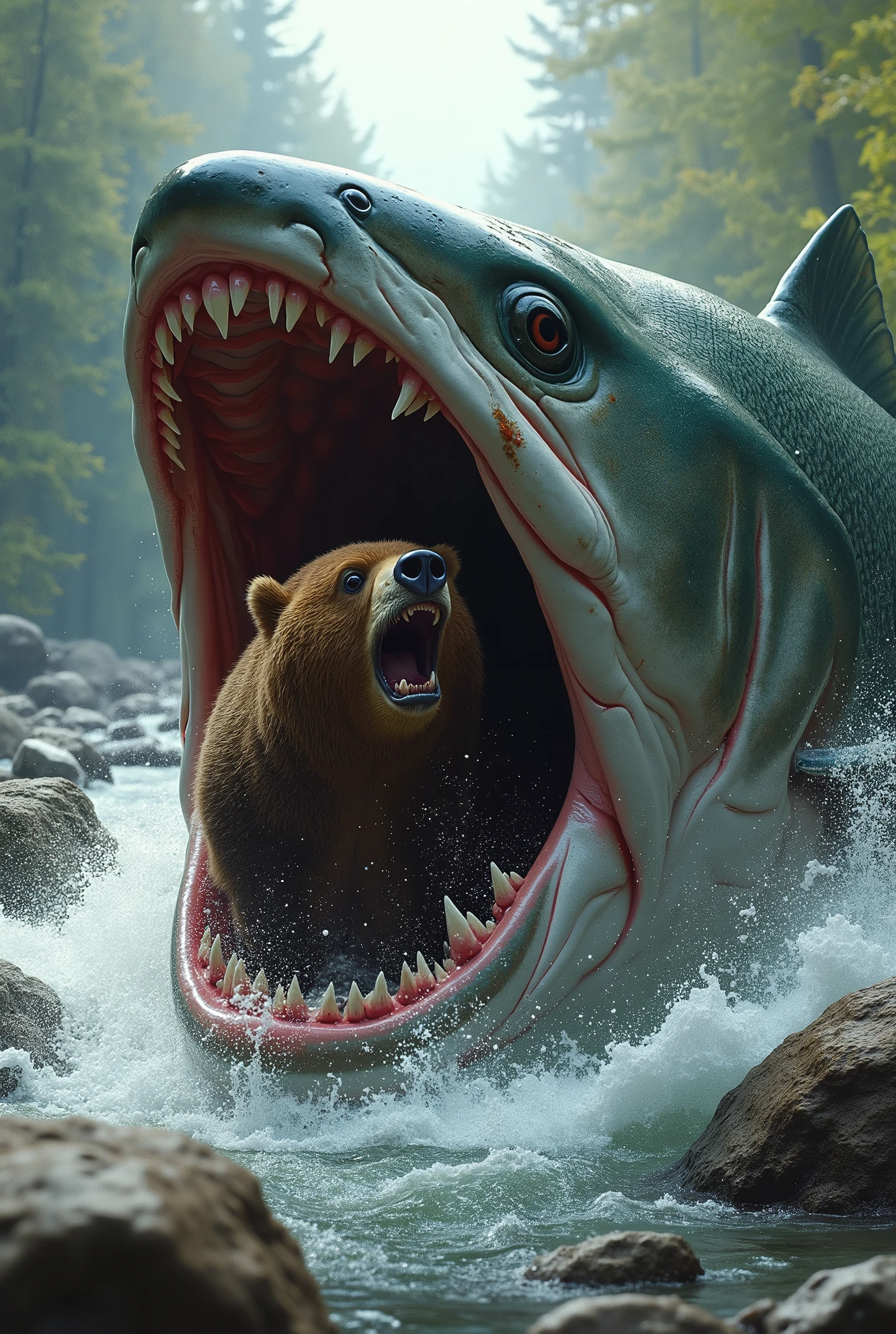 A huge salmon is eating a brown bear in its mouth , クマは怯えている