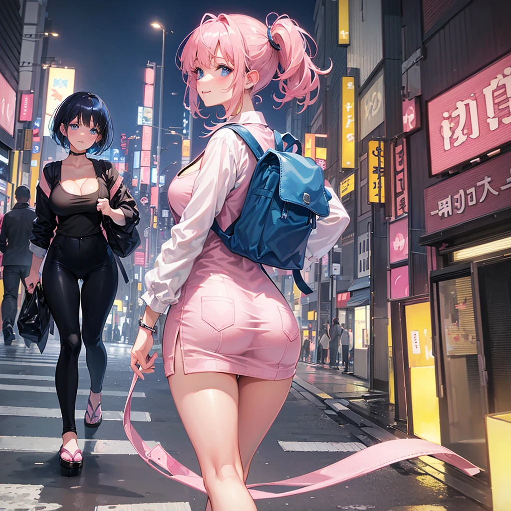 ULTRA DETAILED, HIGH QUALITY, 4K HD, 1girl, blue short hair with slight curvy ends, shiny blue eyes with a star in the middle of her eyeballs, wearing loose white long-sleeve blouse, black pants, ((round ass)) , (cleavage of her breasts shown through her clothes), smiling, pink cheeks, cute, (((walking on a busy street in Tokyo Japan ,pink backpack on the back