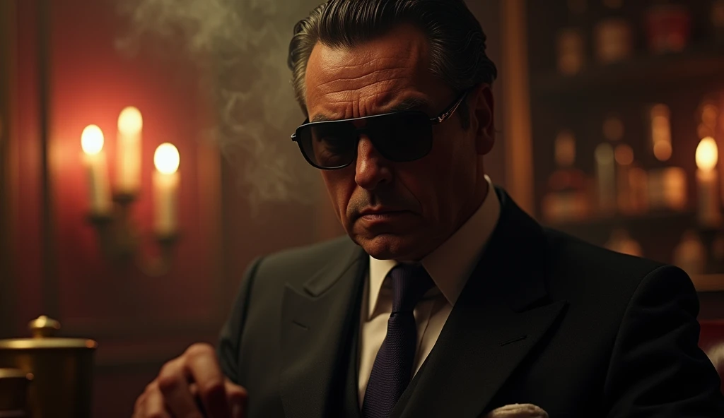 mafia boss, powerful presence, wearing a stylish tailored suit, dark sunglasses, enigmatic expression, surrounded by luxury and danger, smoky ambiance, dimly lit bar backdrop, flickering candlelight casting shadows, high stakes, classy vintage decor, subtle tension, sharp details, ultra-detailed, cinematic quality, moody atmosphere