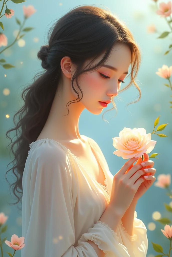 Gentle graphic of a woman, which holds a flower and has a gentle background