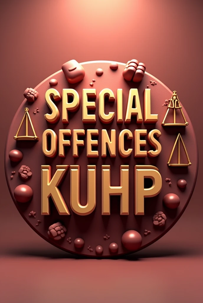 create a perfectly round picture or logo with a law theme that contains writing ""SPECIAL OFFENCES OUTSIDE THE KUHP" in large size with realistic animation style and frontal viewpoint, also add elements of images with criminal law themes such as the hammer of law and the scales of law with a light maroon theme color.