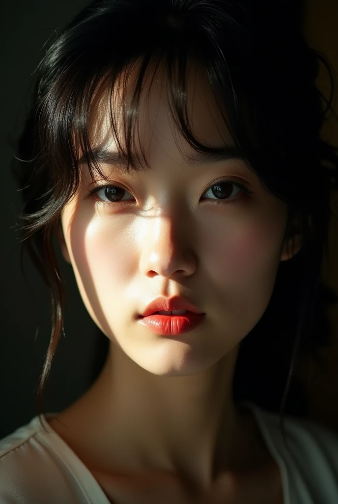 A masterpiece of studio lighting: Japanese actor Yu Aoi’s eye-catching facial features under dim natural light, his attractive spotlighted face, photographed in a studio atmosphere style by Japanese advertising photography master Yoshihiko Ueda. Strong analog aesthetic and obvious graininess. The elegant portrait captures the true beauty of youth in a dark interior of a 2 woman. Through the exquisite high-sensitivity film of the Leica lens, the extreme details of the pores on the facial skin are clearly visible. Her true beauty without makeup expresses her deep thinking soul. The incredibly shallow depth of field (1.4) draws attention to her piercing gaze and the natural expression of her inner drama and facial expressions.