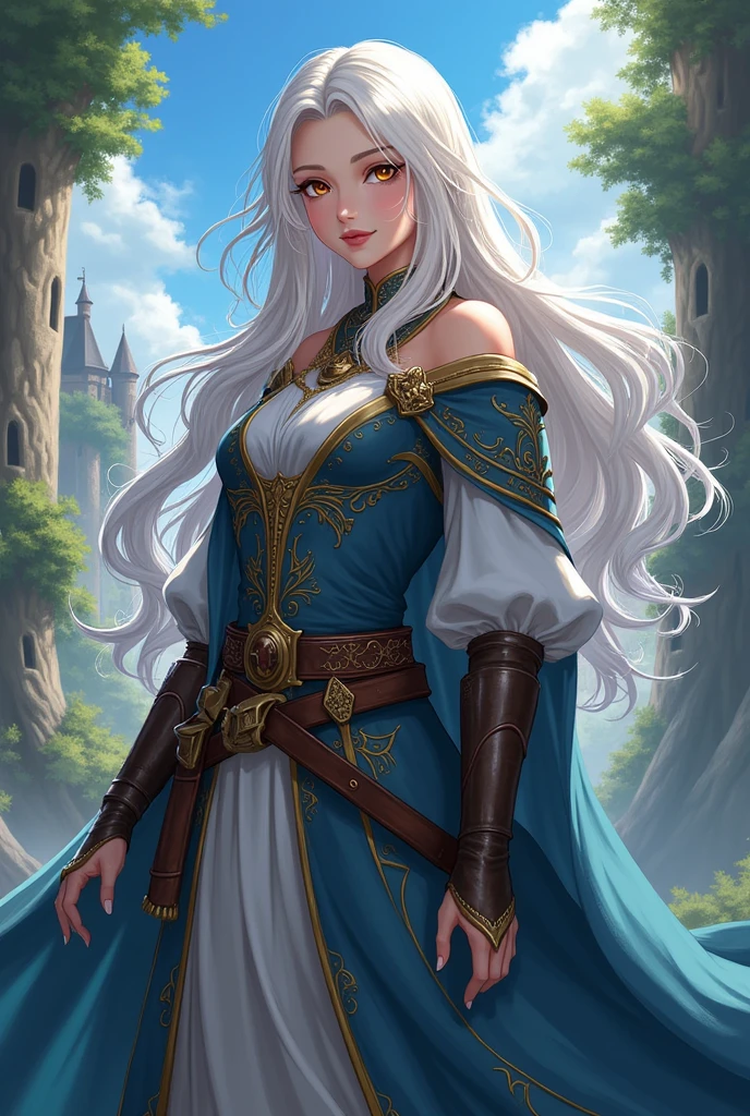 An anime-style female character, ela usa equipamentos e roupas típicas de um RPG medieval d&d, she is white and has long wavy hair