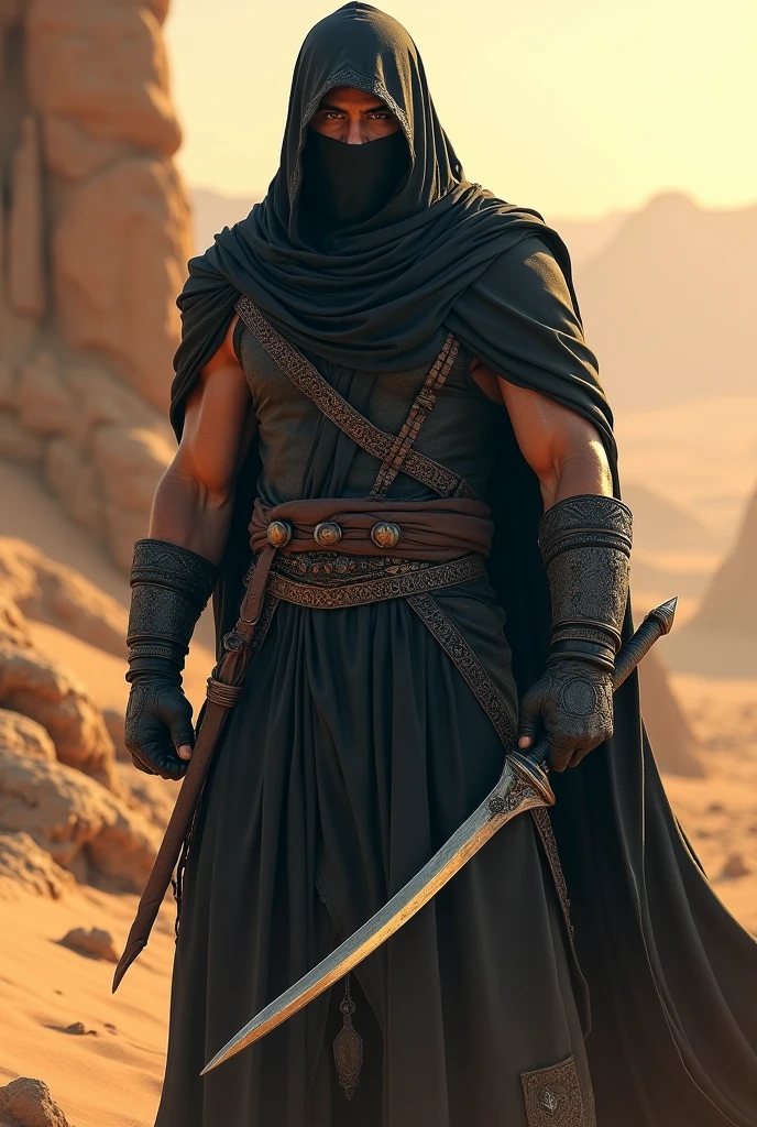 Persian warrior of the desert masked dark clothes and scimitar