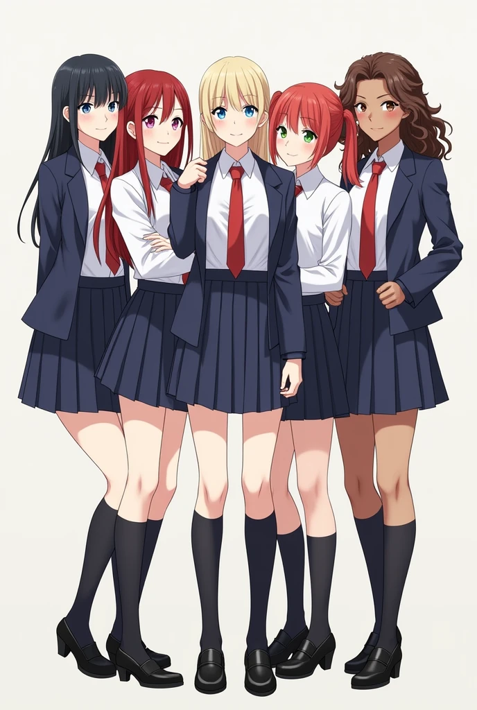 a pale woman with blue eyes and jet black hair, a pale blonde woman with light blue eyes, a red-haired girl with long hair, blue eyes and a light brown skinned girl, green eyes and curly brown hair. dressed in white shirt uniforms, Navy blue skirt and a jacket the same as the skirt, He has a red tie and knee-high socks and black shoes.