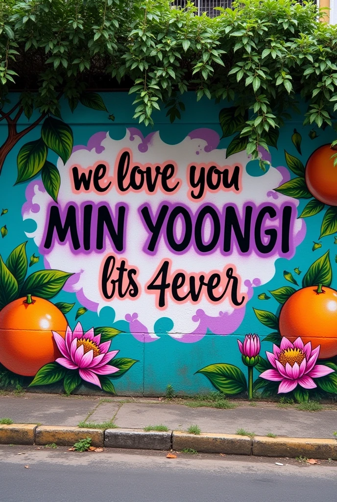 Wall on a Brazilian street with vegetation on the sidewalk, withouth People, with graffiti saying:' we love you Min Yoongi ' e a sigla: 'BTS 4ever' pequena. with purple details, small drawings of tangerines and lotus flower.