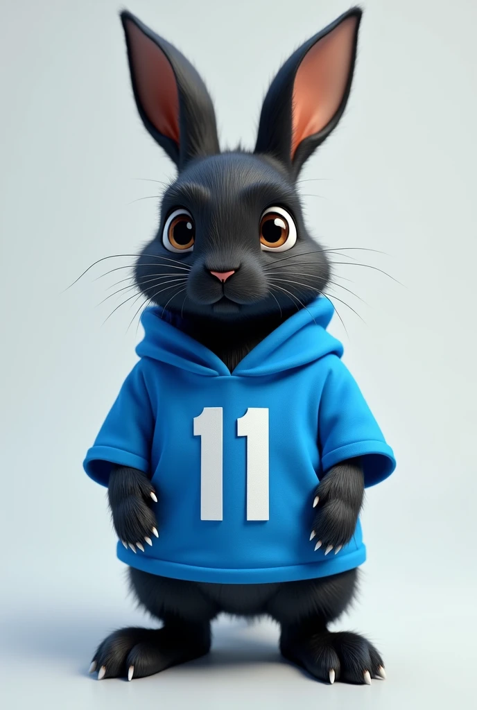 Black rabbit wearing a blue shirt with the number 11