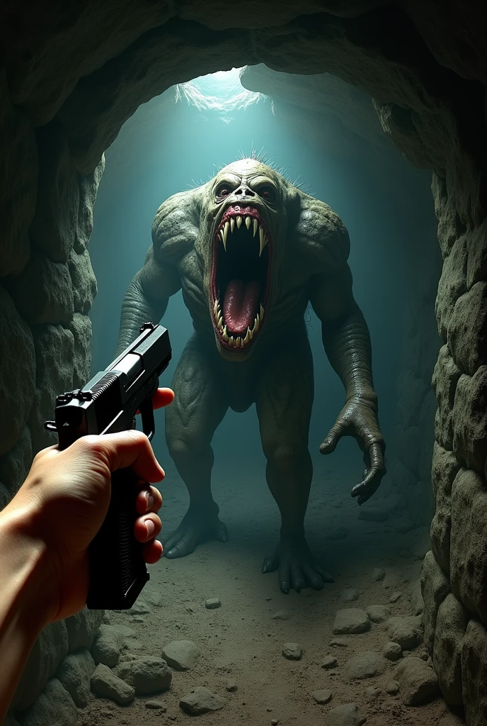 Underground mine first person view with a pistol in hand, Being attacked by a monster up close