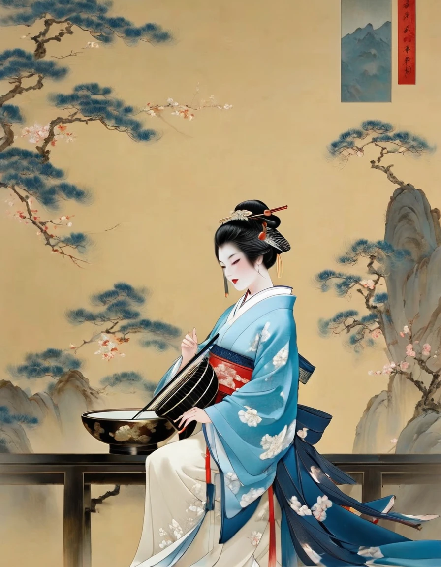 Geisha with blue kimono, traditional Japanese art, playing shamisen and singing in front of a mountain.