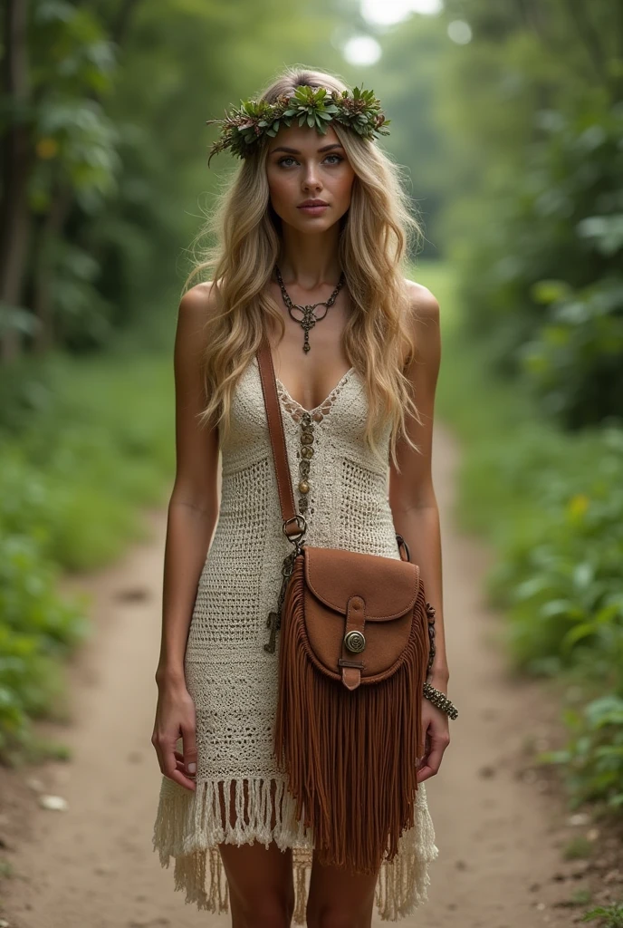 Create a detailed image of a bohemian woman standing in the middle of a wide path. The path has lush green trees on both sides.The woman is wearing crochet dress with long fringes. Her hair is meshy with leather string tiara around her head. The tiara has leaves entangled in between. The woman is wearing a fringed denim sling bag around her right shoulders. Small antique brass key pendants hanging with the help of thin brass chain just like fringes. There are five such copies of the pendant and the chain hanging on the bag.The shape of the bag is rectangular.The fringes of the bag start at the middle of the bag from the top and move in a V shape towards the other side of the bag. The bag has denim strap.The bag is visible clearly in front