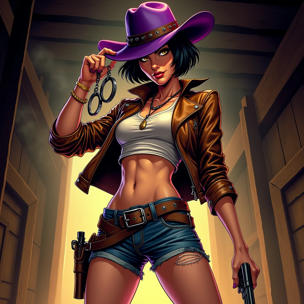 a female gunslinger with short black hair, she wears a brown leather jacket with sleeves rolled up, a purple cowboy hat, gold eyes, and ripped jean short shorts. Saloon background. action scene. dynamic pose. She twirls a pair of cuffs on her finger, smirking at the camera. use a dramatic comic book style, richly detailed.