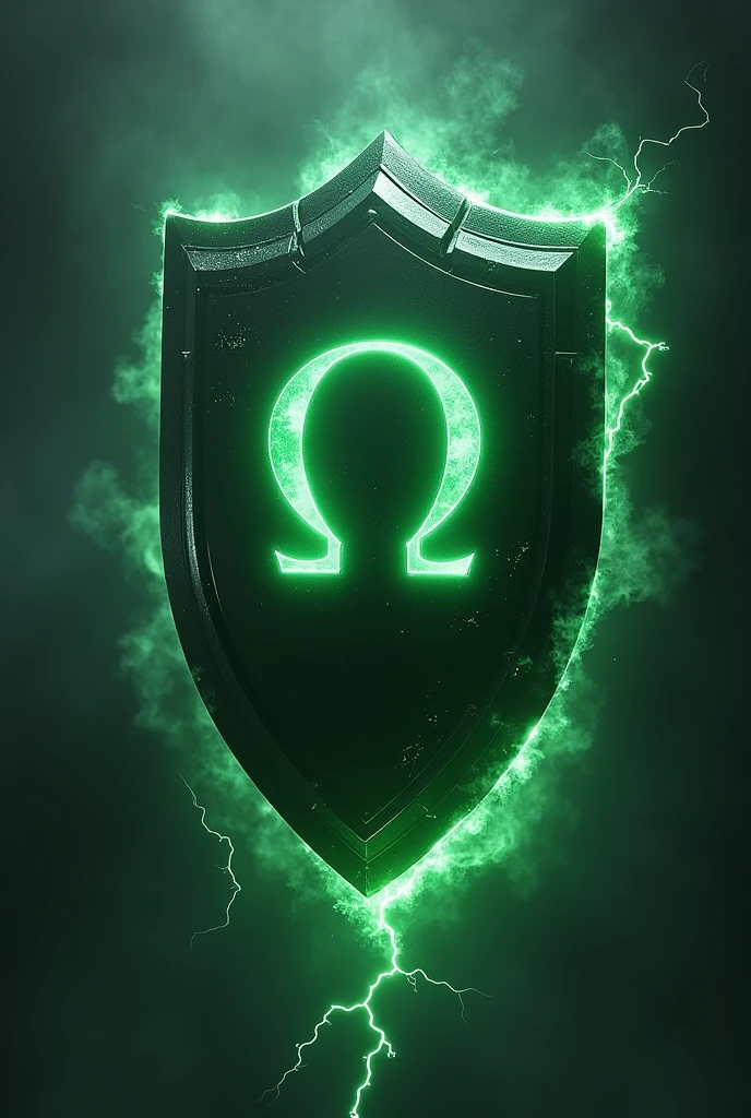 Front view Shield floating in the dark with green omega symbol and green ghostly liz and electric current that says resistance below the symbol with smaller letters 
(Keep that current model, Let it only be the shield, I mean, with no one holding it)