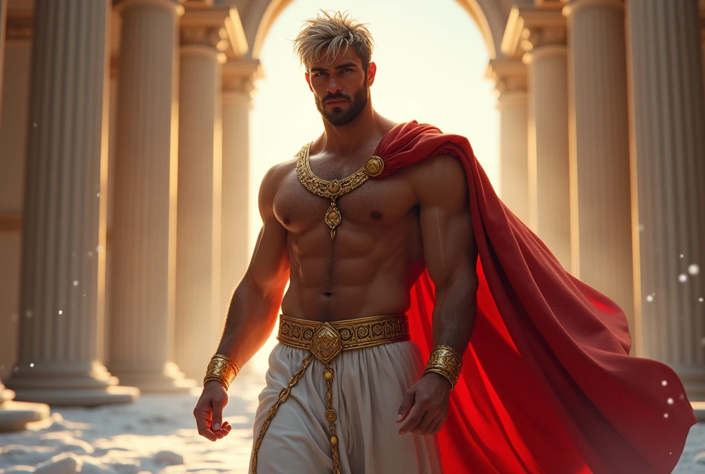 ((artwork)) ((body completo)) ((30 year old man)) body: brownish skin, high, muscular, ((body hair)) ((platinum ruby hair)) male face, barba, beautiful eyes, detailed eyes ((Gold colored eyes)). Expression: Seductive, sonrisa Seductive. CLOTHES: Red Greek Cape, TOGA BLANCA, Gold ornaments, greek prince ornaments. pose: dynamic. scene: greek temple, Greek columns. Decor: winter, decoración de winter brillante, Wonderful lighting.