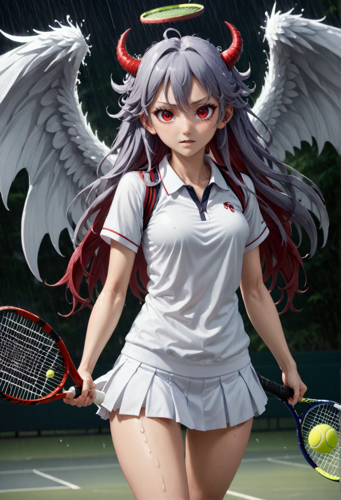 8k, Highest quality, Manga style, View your viewers, Intricate details,One person, Nakiri Ayame, 3 angel wings 3 devil wings, 2Demon horns in the book, Multicolored Hair, Long Hair, Red eyes, Gray Hair, Tennis Wear, tennis racket, The moment the tennis ball is hit back, Sweating, Full body portrait, Being hit by rain, Soaking wet
