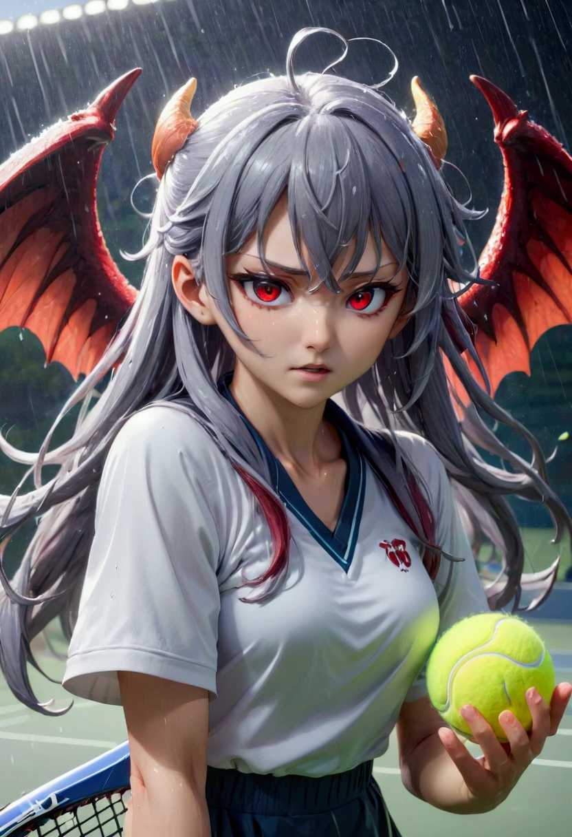 8k, Highest quality, Manga style, View your viewers, Intricate details,One person, Nakiri Ayame, 3 angel wings 3 devil wings, 2Demon horns in the book, Multicolored Hair, Long Hair, Red eyes, Gray Hair, Tennis Wear, tennis racket, The moment the tennis ball is hit back, Sweating, Full body portrait, Being hit by rain, Soaking wet