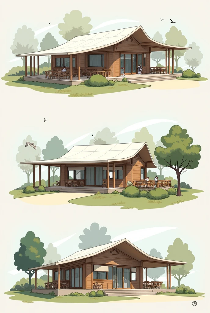 Simple Structure and facade of a single storey cafe building with L shape plan amd a outdoor dining in front right side of cafe and the concept of murmuration in design and structure