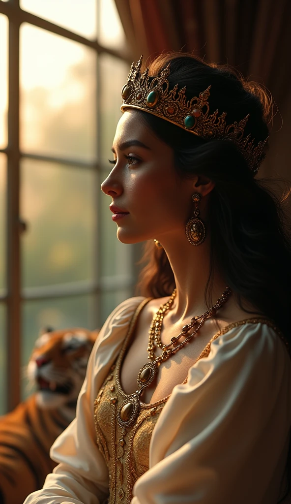 Close-up shot, Low angle shot, (An introspective scene of an older Queen Tamar, A regal Queen Tamar of Georgia, a striking figure with flowing dark hair and a finely crafted gold crown embedded with jewels”, sitting in a grand, yet serene, chamber, reflecting on her life and reign. She is dressed in a simple but elegant gown, her crown slightly tilted as she gazes out of a large window. The tigers, now aged but still majestic, lie peacefully by her side. The background shows a tranquil garden outside the window, with the soft light of the setting sun casting a golden glow over the scene. The mood is one of peaceful contemplation, as Tamar reflects on her victories and the legacy she will leave behind.) unreal engine, cinematic, hyper-real, highly detailed, Ultra realistic HD --q 2 --v 6.1 --ar 9:16  