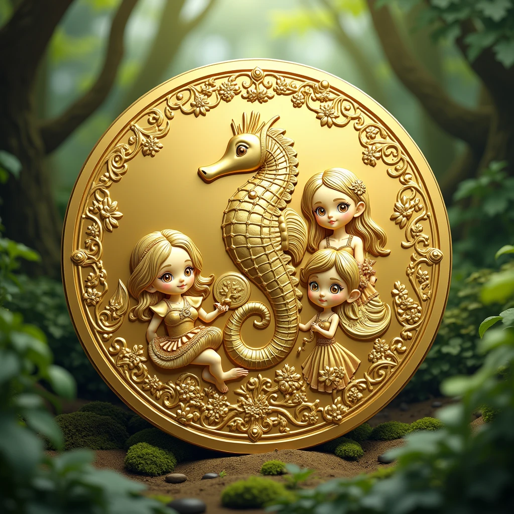 Create a coin with the MJP characters in it. A seahorse design in the center. Gold. High quality. Luxurious image. Surrounded by trees and people.々Surrounded by a design lined with