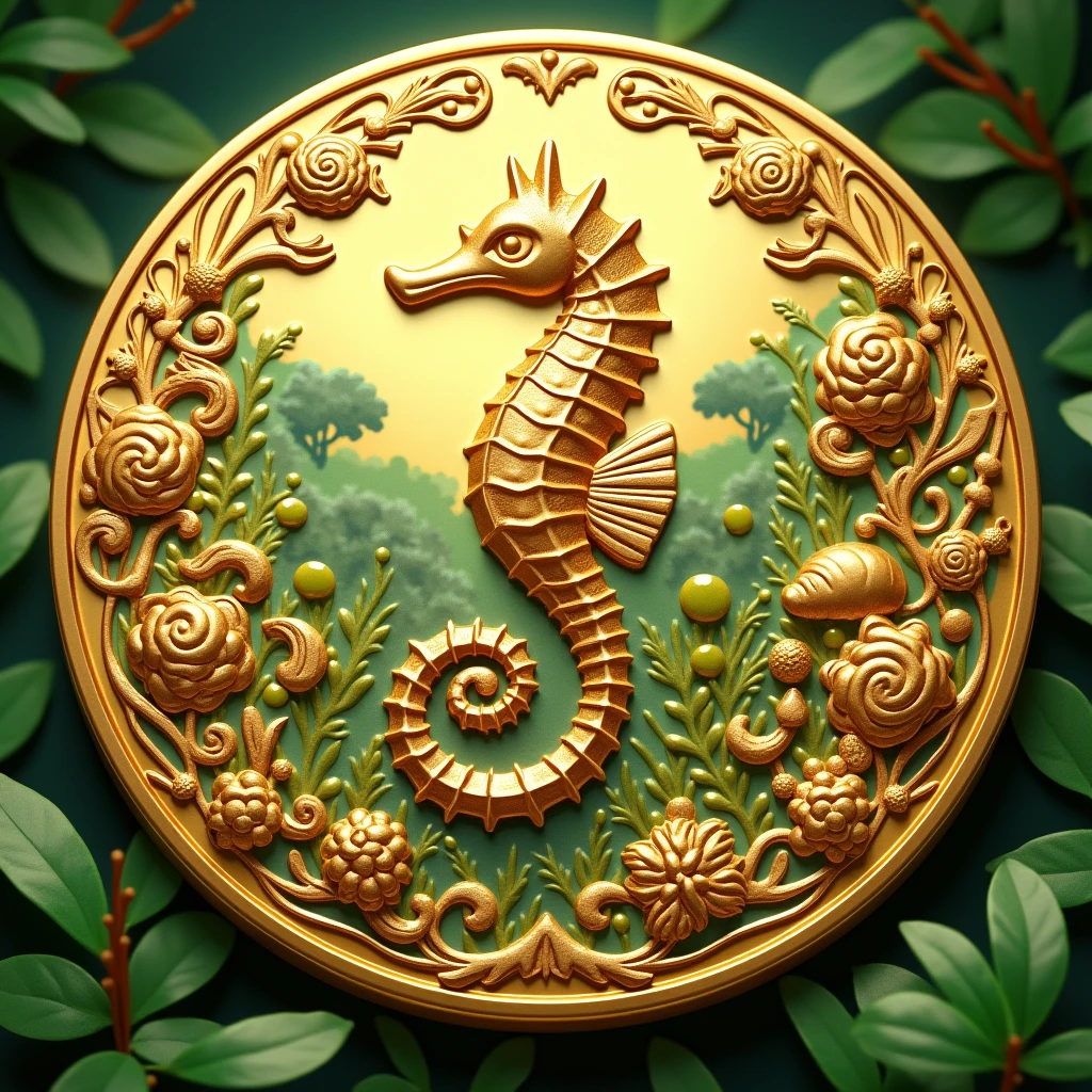 Create a coin with the MJP characters in it. A seahorse design in the center. Gold. High quality. Luxurious image. Surrounded by trees and people.々Surrounded by a design lined with