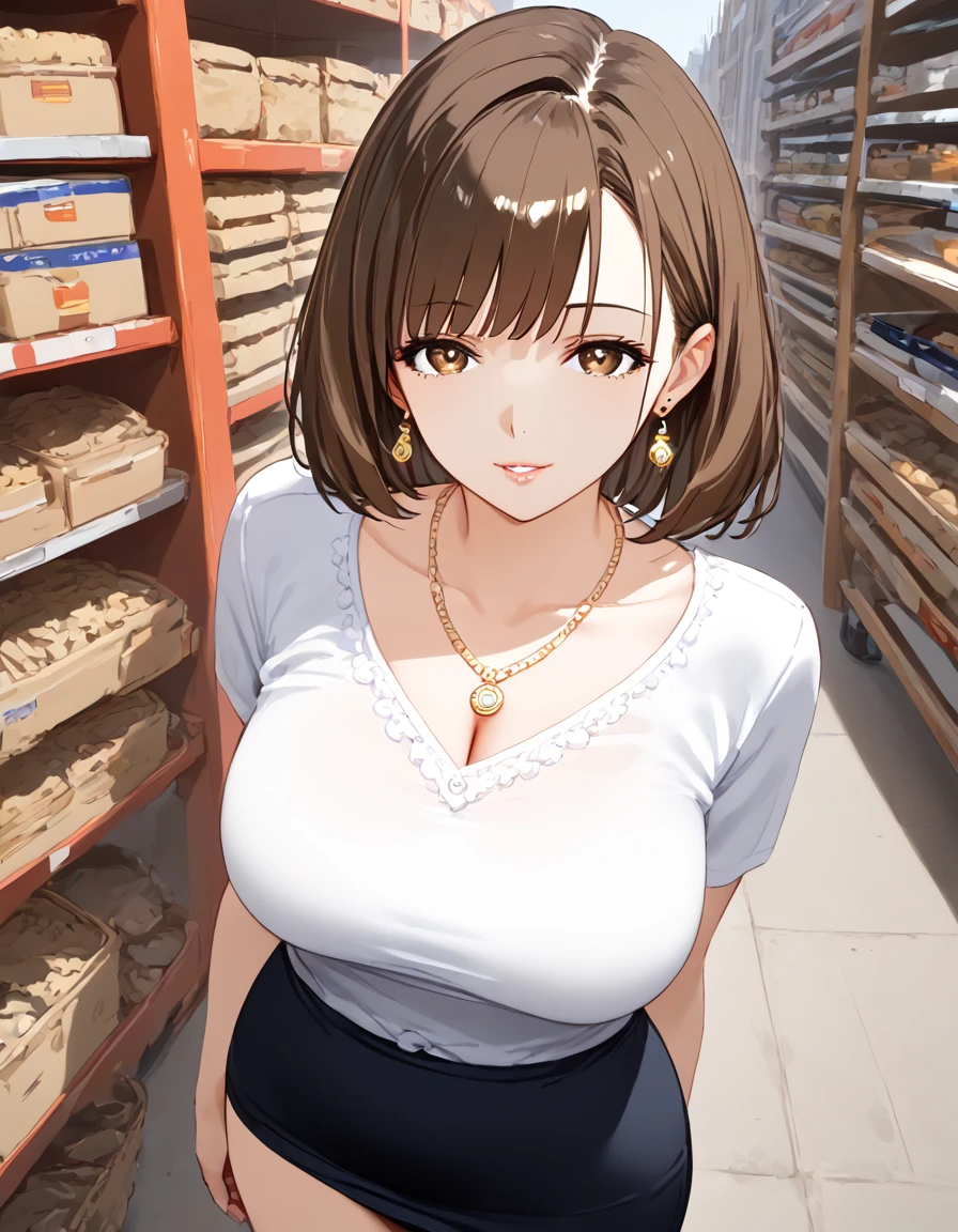 Highest quality,Ultra-high quality,Scale up,breast enhancement,woman,Mature Woman,Age 42,Formal wear,A shirt that hides the chest,Light pink lip,Earrings,necklace,Brown eyes,Bob Hair,Dark brown hair,Big Tits,Above the ground,Are standing,storehouse