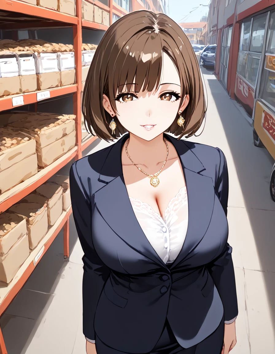 Highest quality,Ultra-high quality,Scale up,breast enhancement,woman,Mature Woman,Age 42,Formal wear,A shirt that hides the chest,Light pink lip,Earrings,necklace,Brown eyes,Bob Hair,Dark brown hair,Big Tits,Above the ground,Are standing,storehouse