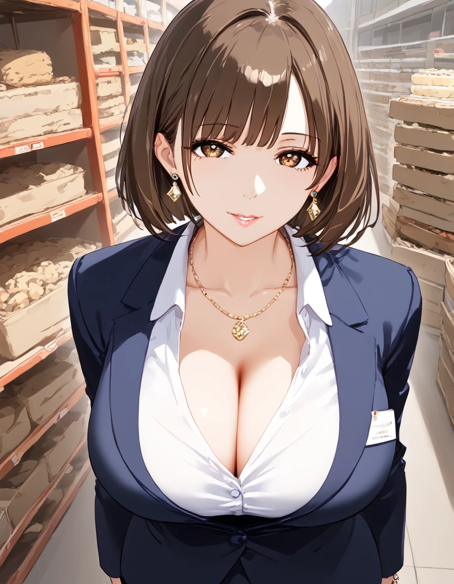 Highest quality,Ultra-high quality,Scale up,breast enhancement,woman,Mature Woman,Age 42,Formal wear,A shirt that hides the chest,Light pink lip,Earrings,necklace,Brown eyes,Bob Hair,Dark brown hair,Big Tits,Above the ground,Are standing,storehouse