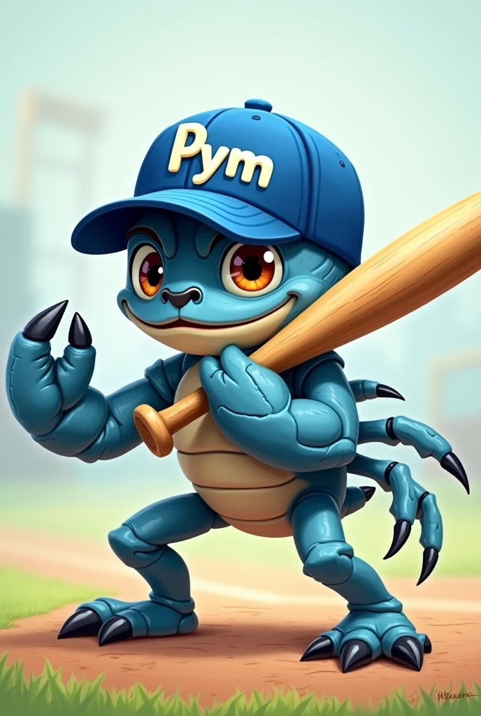 Blue crab in cartoon style with baseball bat in batting stance with blue cap that says PyM on the front.