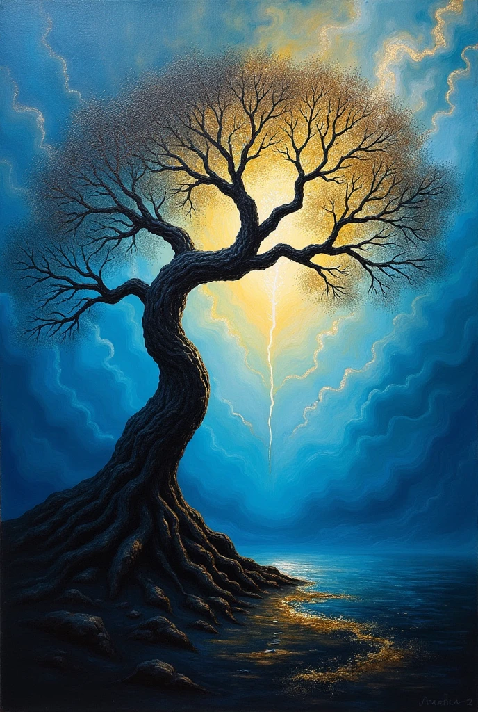 Painting tree black blue gold