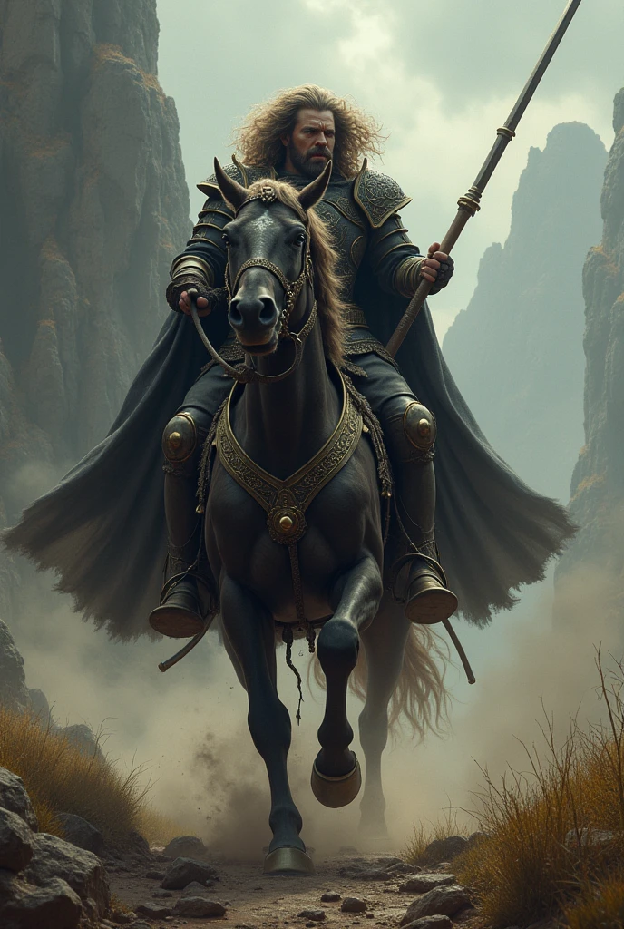 (man with curly mane in magnificent dark armor with golden decorations and goatee) rides his horse at a fast pace with a lance towards his opponent, (irony, sarcasm, funny situation), (heavy metal opus), (action-packed film scene), (epic fantasy masterpiece), (detailed faces and full-body view), (expression of despair), (macabre mixture of horror and fantasy), (scene from Dungeons & Dragons),