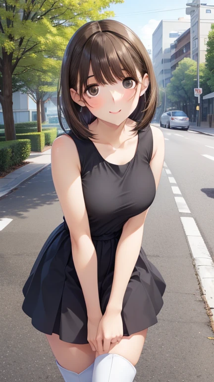 anegasaki nene、Shiny brown hair, short hair, (Beautiful brown eyes、Sparkling eyes, Fine grain)、smile、Ultra-detailed eyes、Highly detailed face, Highly detailed eyes,
(masterpiece:1.2, Highest quality),
View your viewers, 1 woman, Race Queen, (Perfect Anatomy, Anatomically correct, Highly detailed skin), Perfect Face, Perfect Eyes, Cute and symmetrical face, Glowing Skin,
(short hair, Brown Hair), Brown eyes, Long eyelashes, (Medium chest, Captivating thighs),
Short dress, White footwear, Knee Boots,
(Beautiful views), evening, (Tree-lined street), walk, (かわいらしいsmile, Upward glance, Lips parted),
