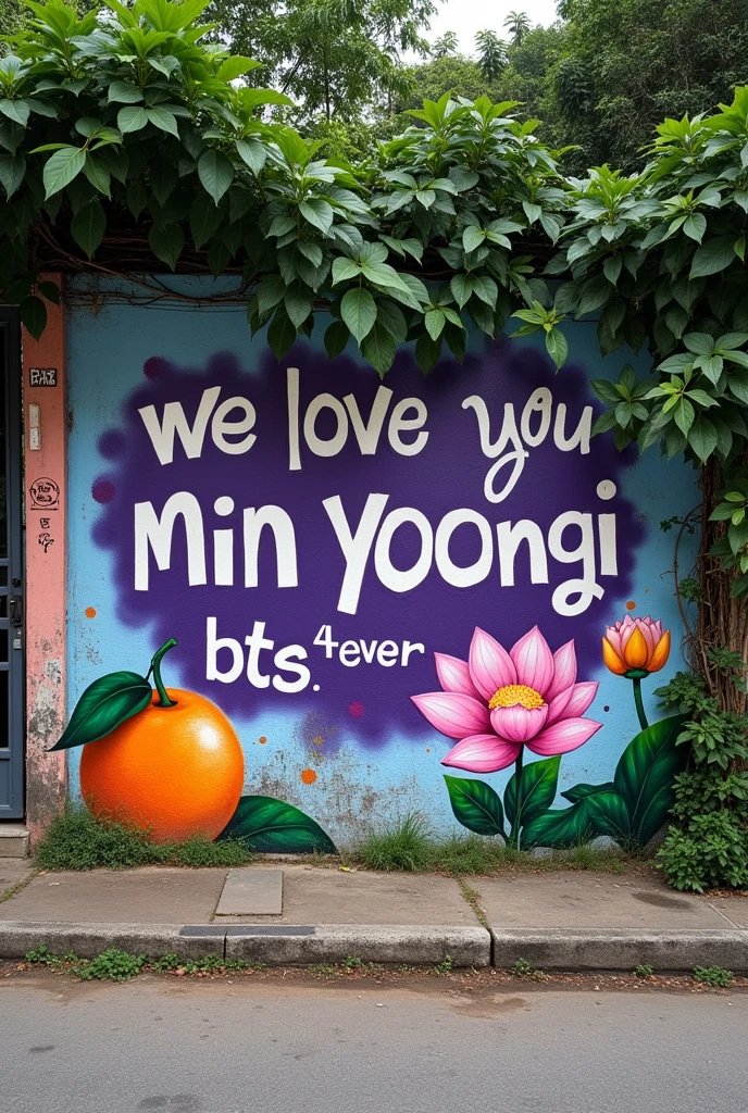Wall on a Brazilian street with vegetation on the sidewalk, withouth People, with graffiti saying:' we love you Min Yoongi ' e a sigla: 'BTS 4ever' pequena. with purple details, small drawings of tangerines and lotus flower.
