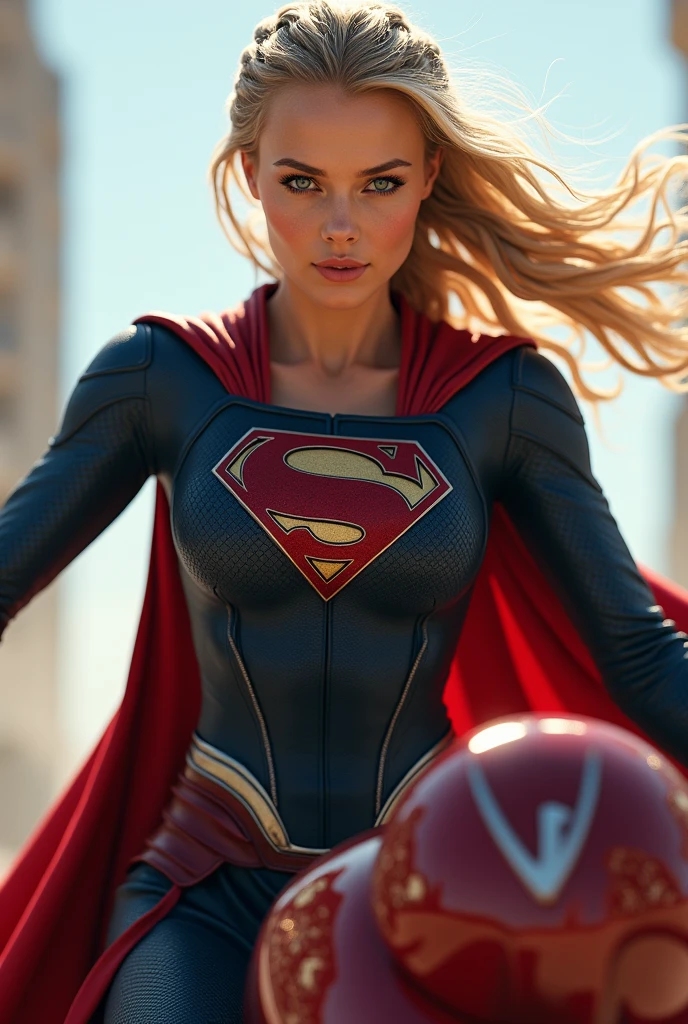((Extreme close-up of a beautiful blonde woman under the cloak of the Kryptonian Kara Zor-El aka Supergirl wearing a navy blue leather jumpsuit with scales covering her neck,torso and forearms))),(((Red corset in armor))),(((Long red boots up to her knees))),(((Riding a big red futuristic high displacement motorcycle Superman logos on the bike))),(((Blonde hair tied back in a braided ponytail))),(((Ten-foot-long hair blowing in the wind))),(((without cape)))