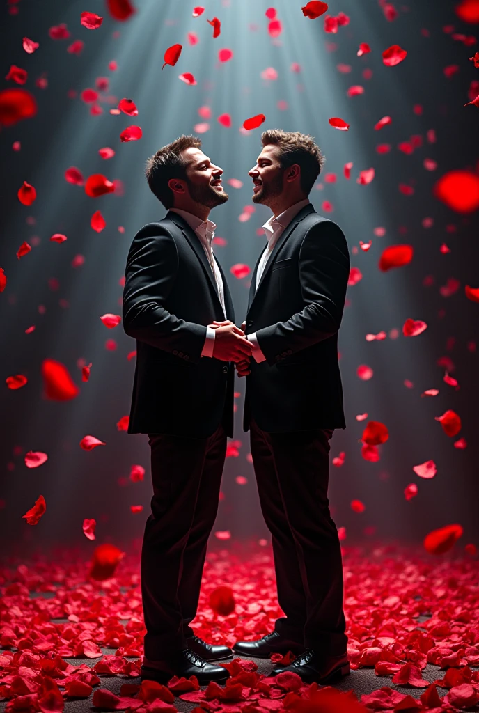 Red rose petals with thorns fall on two male singers on a moving platform.