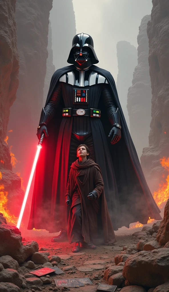 Darth Vader battle scene, (Use force:1.7), Guweiz style art work, (There's fire everywhere:1.4), With Tarot Cards, Terracotta, Beauty Filter, human fighter, surrender, best quality, masterpiece, very detailed, degree of freedom, Artistic lighting, rim light, best quality, (masterpiece), (very detailed), crazy details, best quality, masterpiece, very detailed, degree of freedom, Artistic lighting, rim light, star wars theme